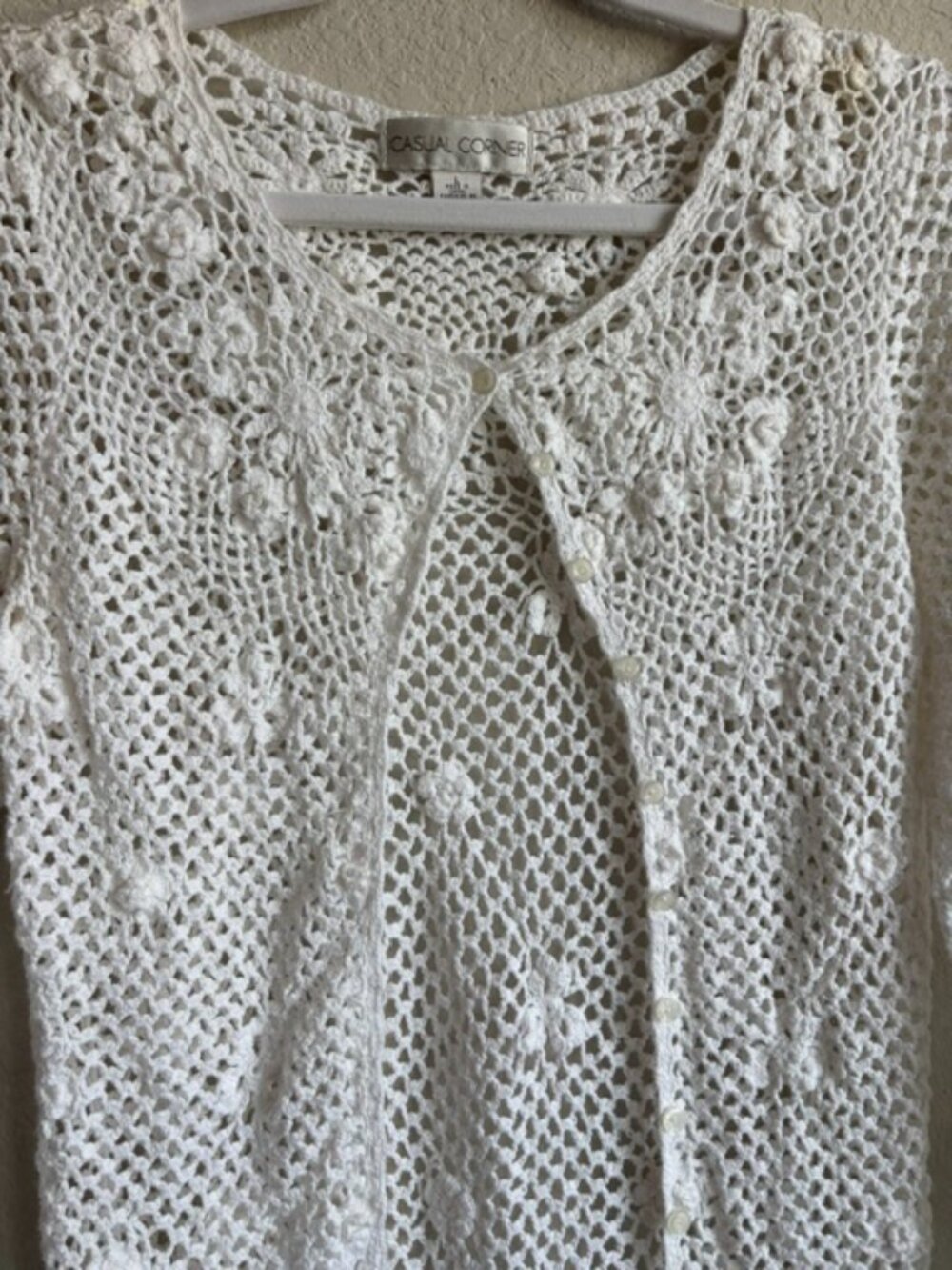 Vintage Casual Corner Crochet White Cardigan Womens Large Y2K Cottagecore FairyV - Picture 3 of 11